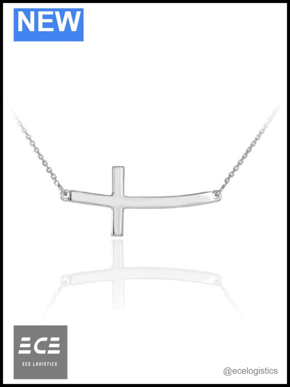 14K White Gold Curved Sideways Cross Necklace Rolo Chain Pendant